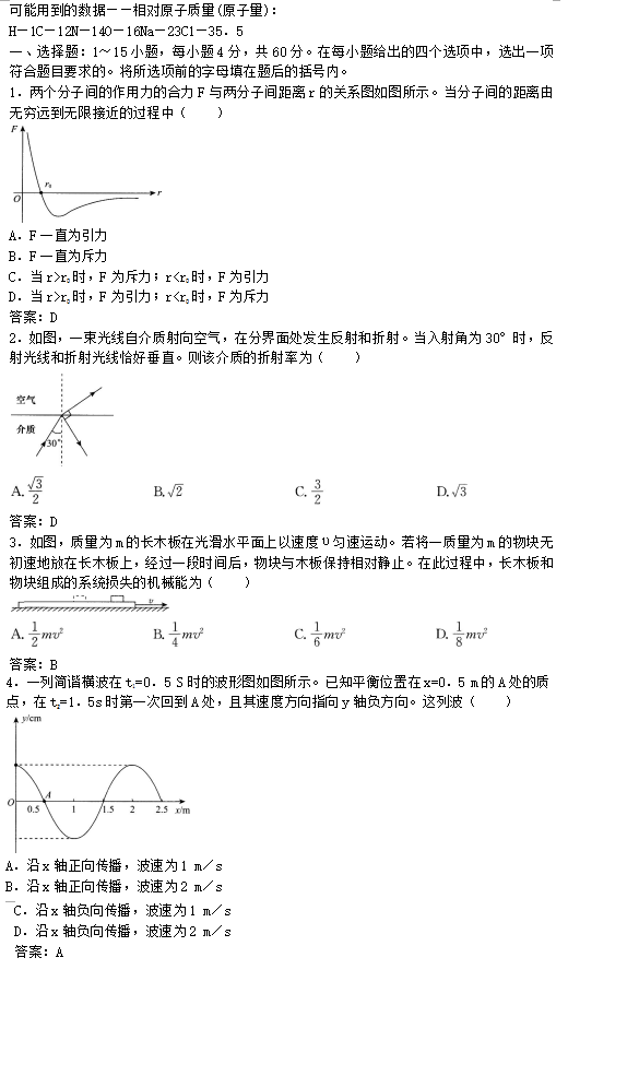 2016年湖南成人高考高起点理化综合真题及参考答(图1)